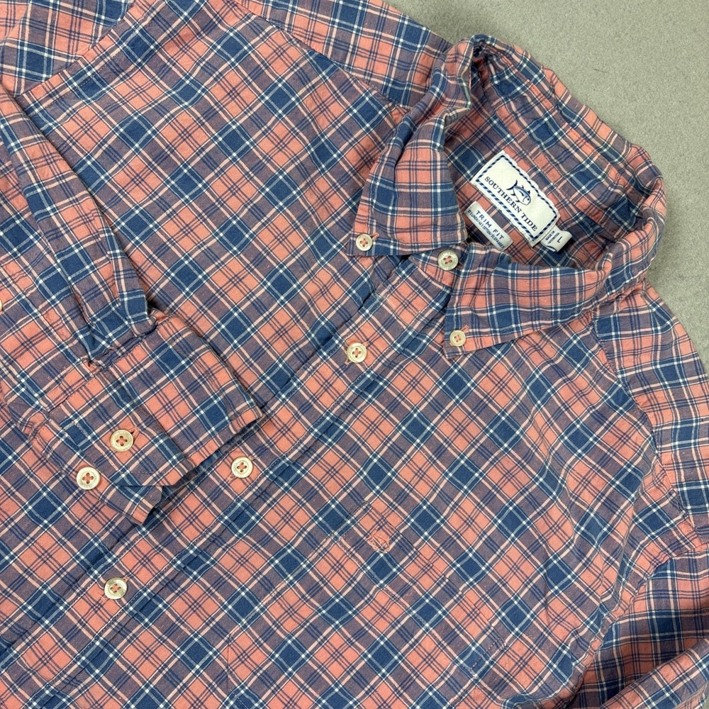 Southern Tide Linen Blend Trim Fit Long Sleeve Button Down Shirt Men L Plaid